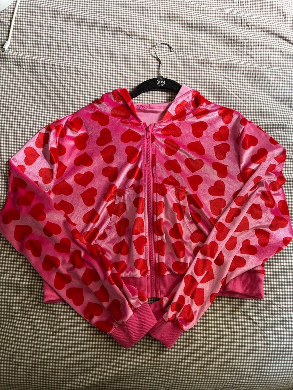 SHEIN Pink and Red Heart Print Zip-Up Hoodie